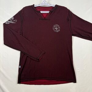 Affliction Mens Long Sleeve V Neck Shirt Large Burgundy Skull Graphic Distressed